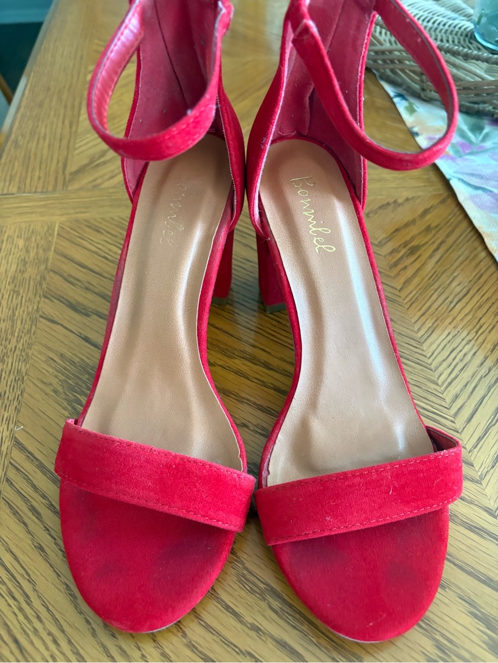 Size 7.5 Red Suede Ankle-Strap Block Heel Sandals